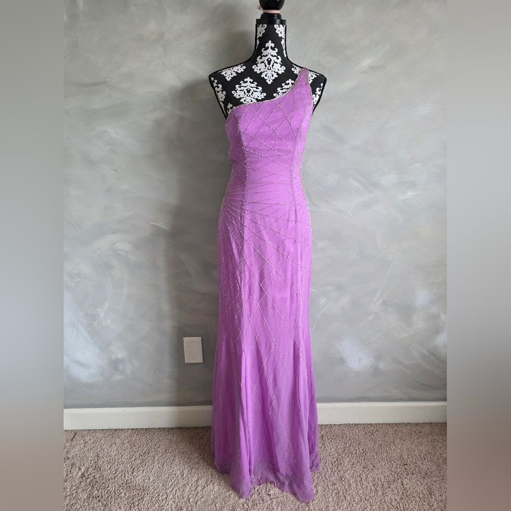 Vtg Silk Long Light Purple One Shoulder Evening Gown with Bead Embellishment S